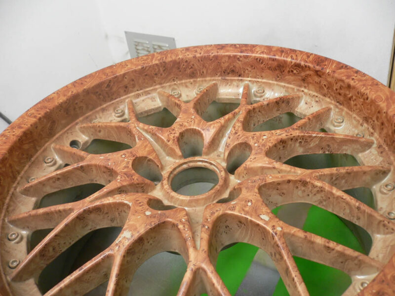 Walnut dipped alloy wheel with orange candy laquer