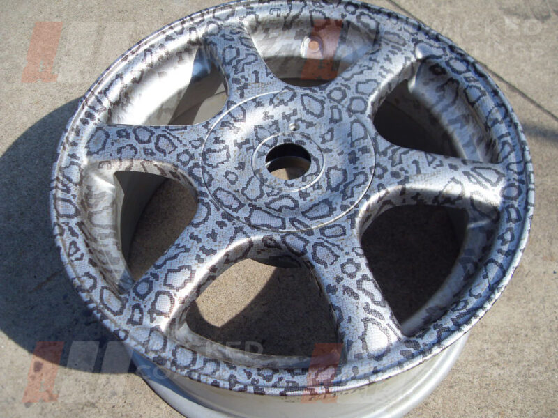 snake skin water transfer printing over a silver wheel