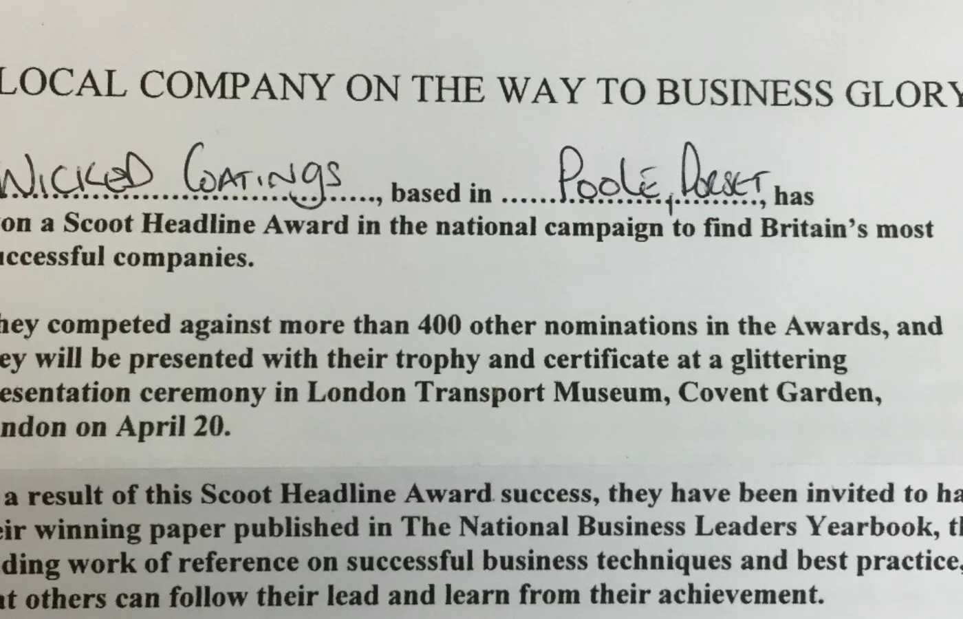 Wicked Coatings Shortlisted For National Business Glory In 2015