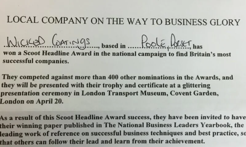 Wicked Coatings Shortlisted For National Business Glory In 2015