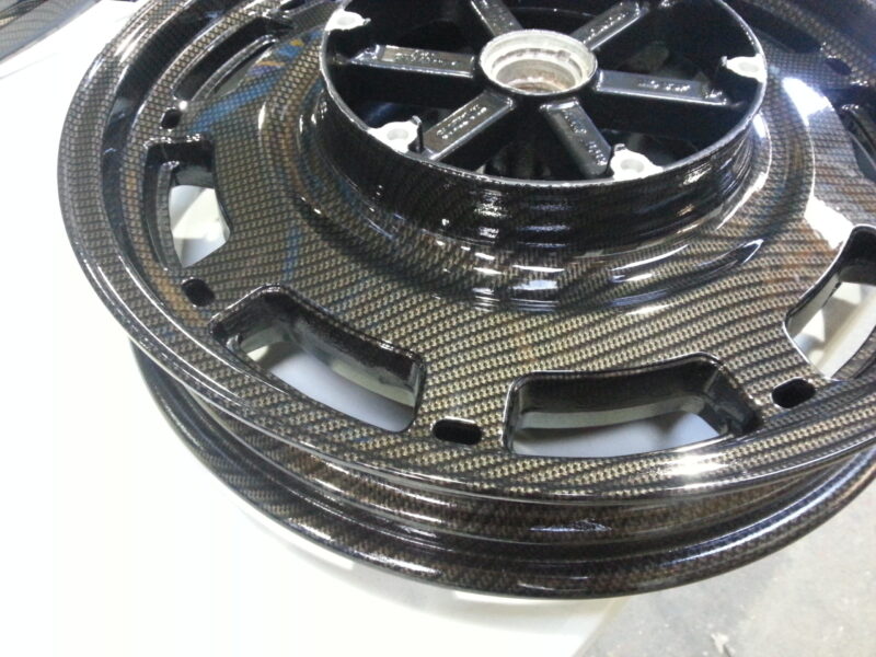Motorbike Alloy Wheels Coated In Carbon Fibre Painted Black