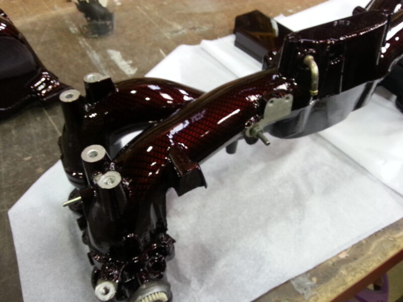 Car Engine Parts Coated In Carbon Fibre Hydrographic Film Painted Dark Red