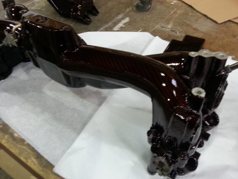 Car Engine Parts Coated In Carbon Fibre Hydrographic Film Painted Dark Red