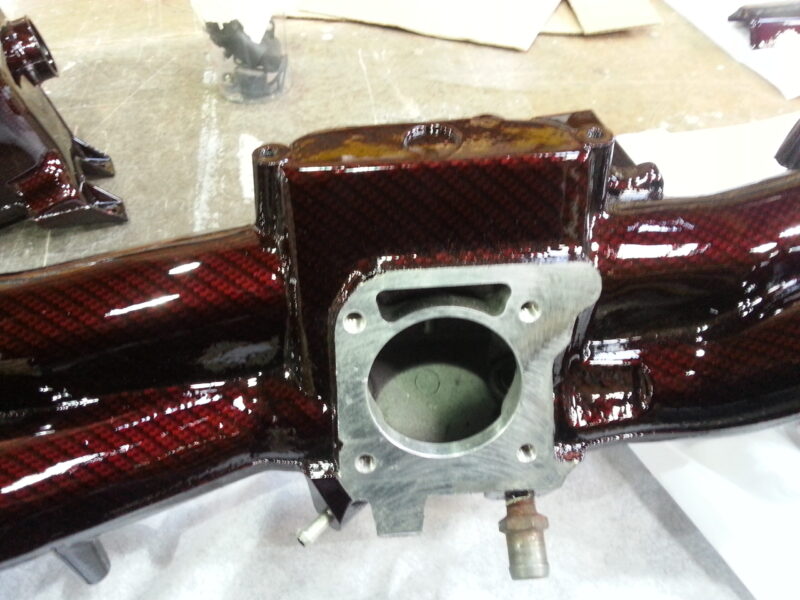 Car Engine Parts Coated In Carbon Fibre Hydrographic Film Painted Dark Red