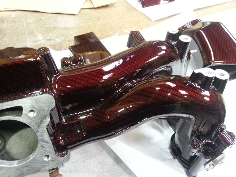 Car Engine Parts Coated In Carbon Fibre Hydrographic Film Painted Dark Red