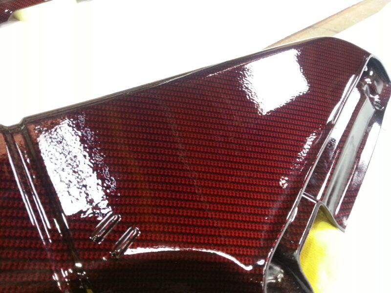 Car Engine Parts Coated In Carbon Fibre Hydrographic Film Painted Dark Red