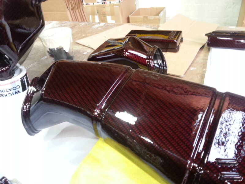 Car Engine Parts Coated In Carbon Fibre Hydrographic Film Painted Dark Red