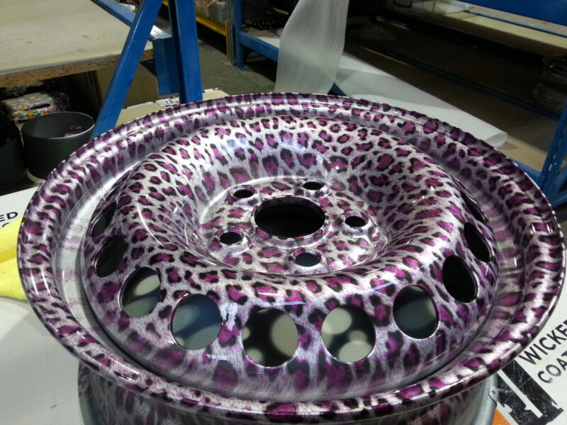 Car Alloy Wheels Coated In Panther Hydrographic Film Painted Pink