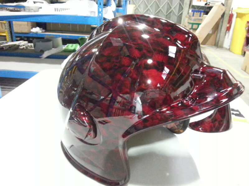 Fire Helmet Coated In Skull Hydrographic Film Painted Dark Red