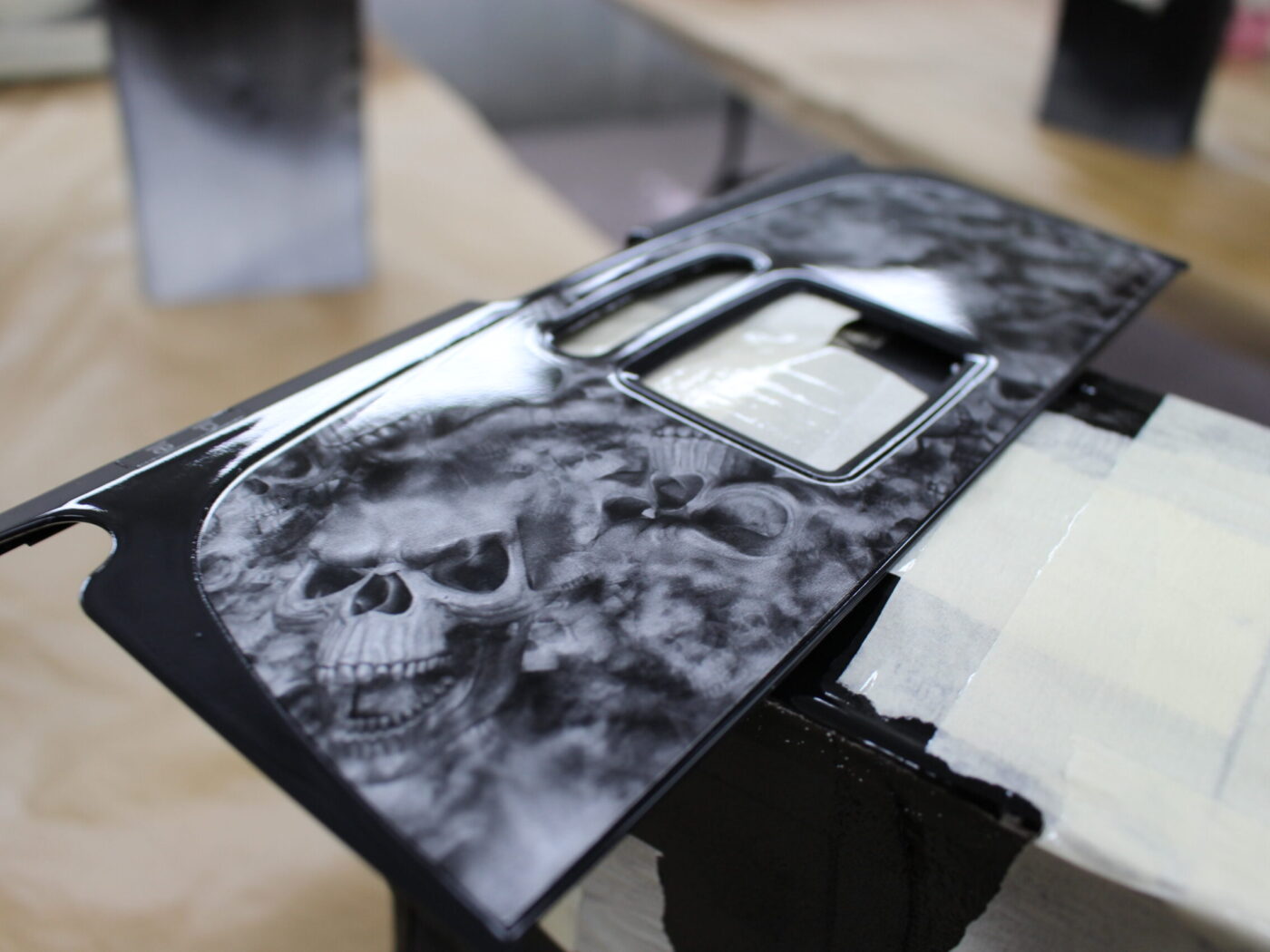 Parts of dashboard coated in skull