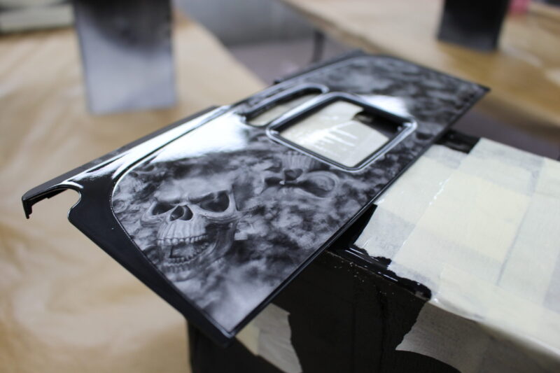Parts of dashboard coated in skull