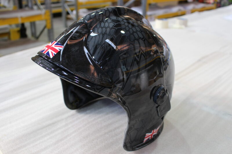 Fire Helmet Coated In Camouflage Hydrographic Film Painted Black