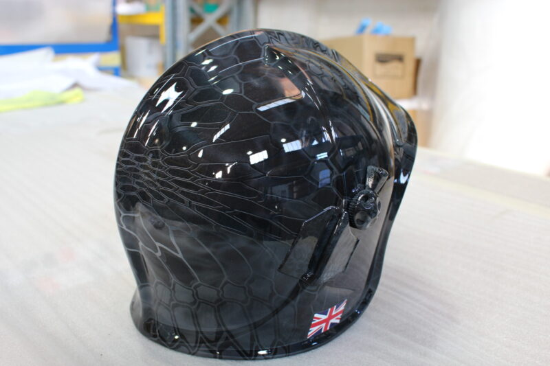 Fire Helmet Coated In Camouflage Hydrographic Film Painted Black