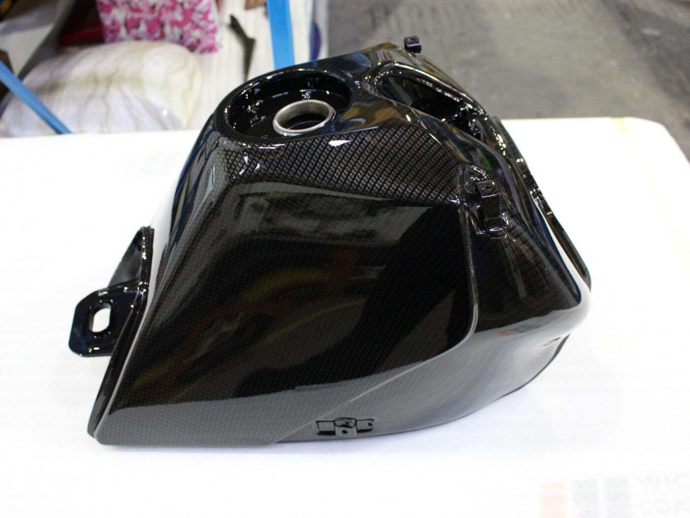 Motorbike tank coated in carbon fibre