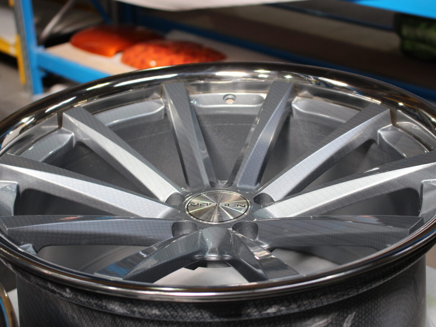 Car Alloy Wheels (Vossen) Coated In Carbon Fibre Painted Grey