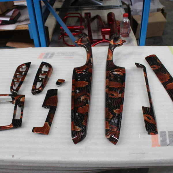 Car interior elements coated in snake hydrographic film – Wicked Coatings