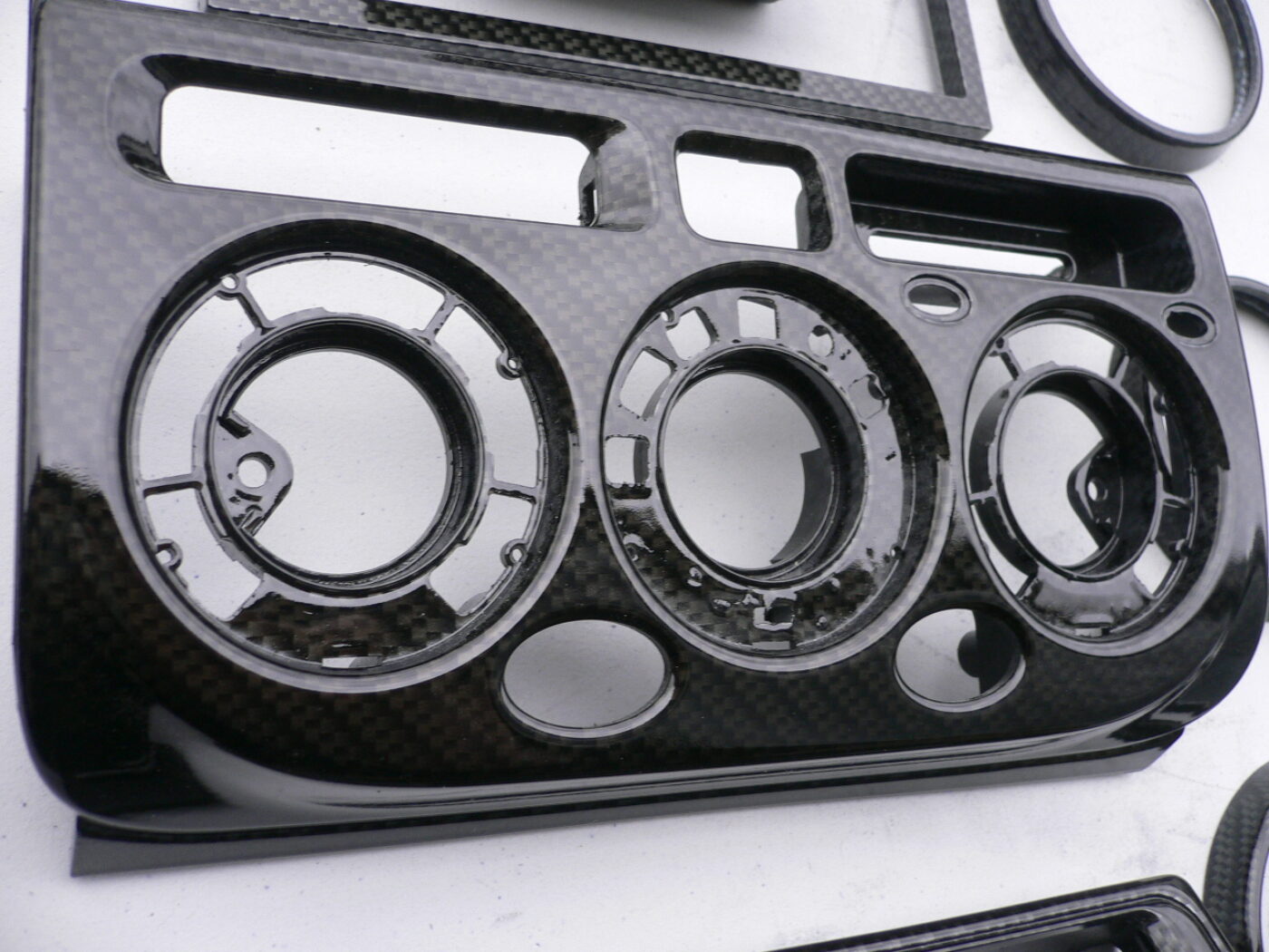 Car interior various elements coated in carbon fibre hydrographic film painted black