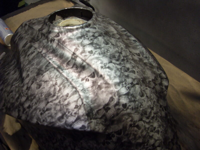Motorbike Tank Coated In Skull Hydrographic Film Painted Red