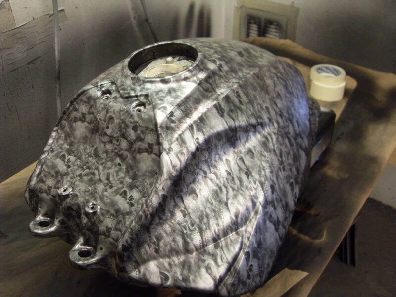 Motorbike Tank Coated In Skull Hydrographic Film Painted Red