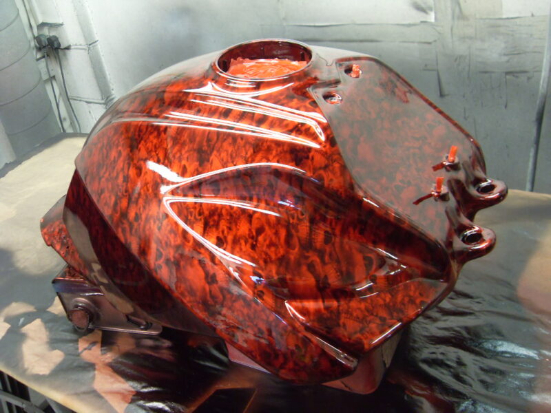 Motorbike Tank Coated In Skull Hydrographic Film Painted Red