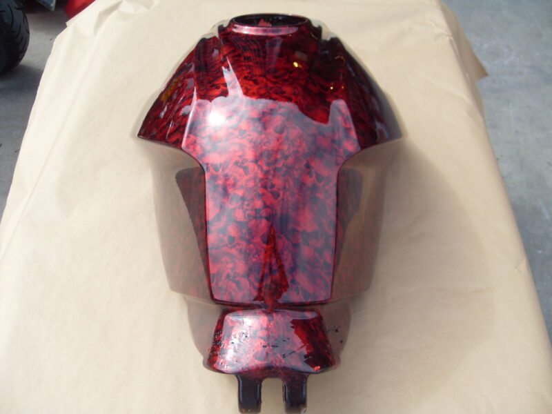 Motorbike Tank Coated In Skull Hydrographic Film Painted Red