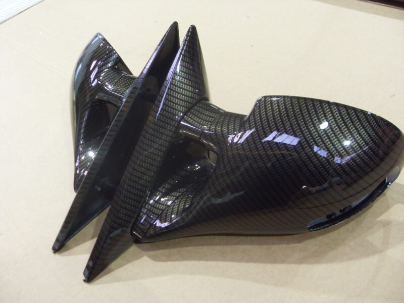 Car mirrors cover coated in carbon fibre hydrographic film painted black