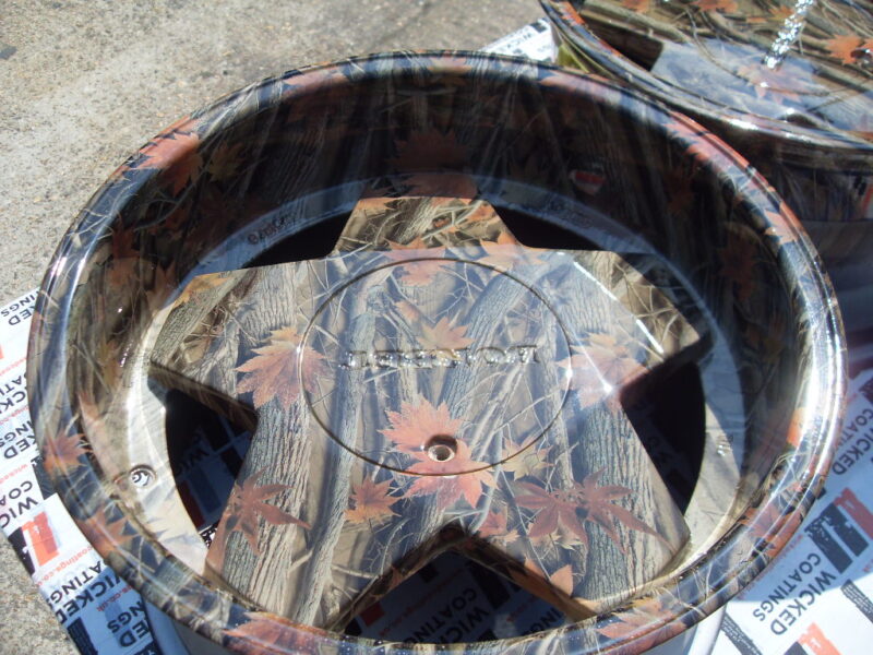 Car alloy wheels (Borbet A) coated in trees camouflage hydrographic film