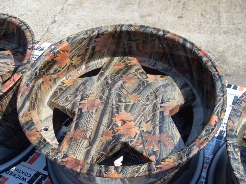 Car alloy wheels (Borbet A) coated in trees camouflage hydrographic film