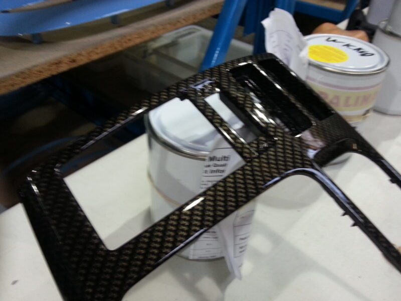 Car interior various elements coated in carbon fibre hydrographic film painted black