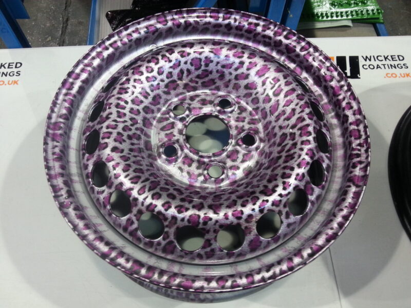 Car Alloy Wheels Coated In Panther Hydrographic Film Painted Pink