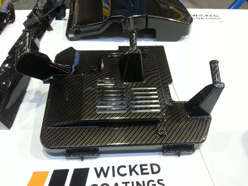 Ford Focus RS engine parts coated in carbon fibre hydrographic film painted black