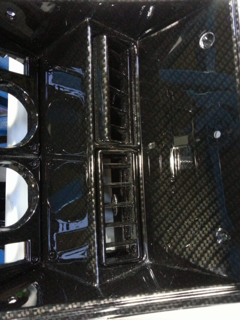 Car interior various elements coated in carbon fibre hydrographic film painted black