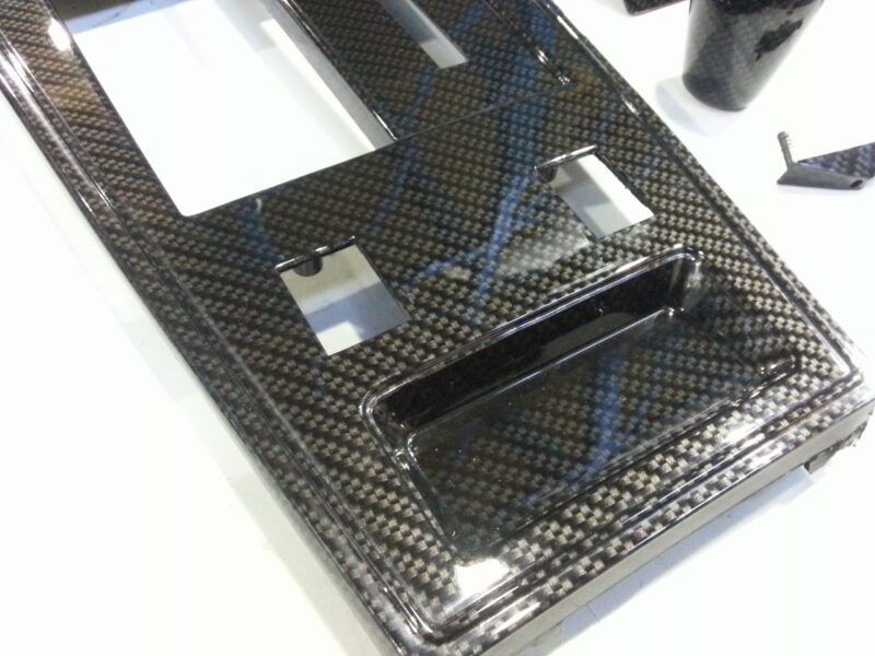 Car interior various elements coated in carbon fibre hydrographic film painted black