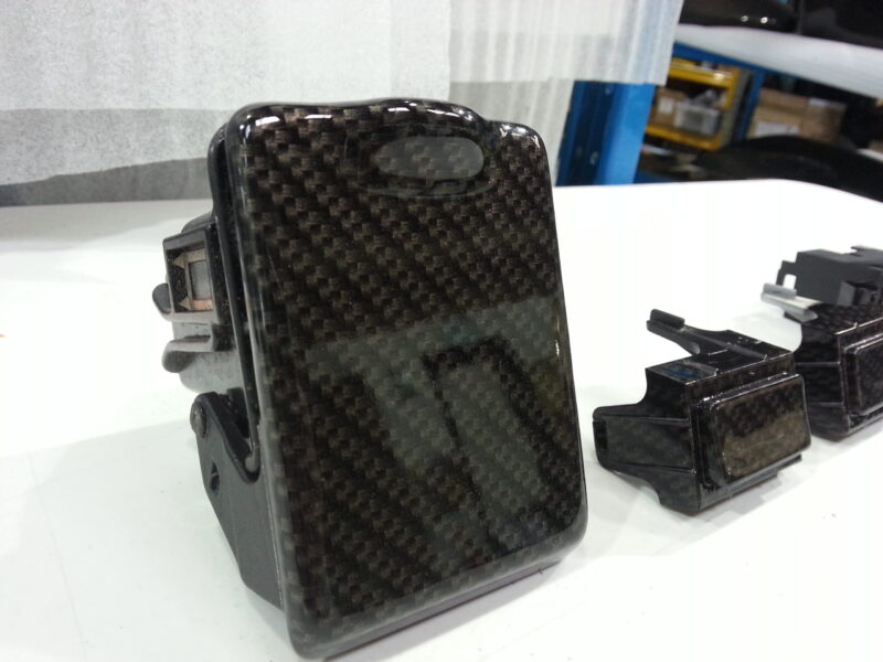 Toyota Supra interior various elements coated in carbon fibre hydrographic film painted black