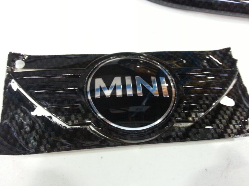 Mini Cooper various parts coated in carbon fibre hydrographic film painted black