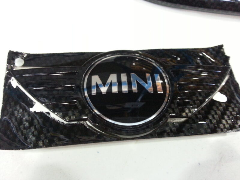 Mini Cooper various parts coated in carbon fibre hydrographic film painted black