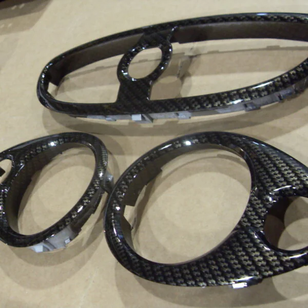 Car interior various elements coated in carbon fibre hydrographic film
