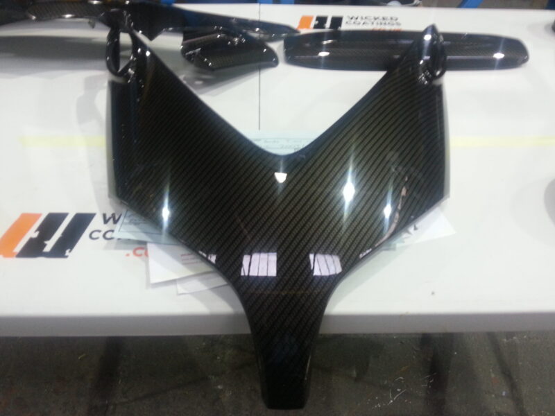 Yamaha motorbike parts coated in carbon fibre hydrographic film