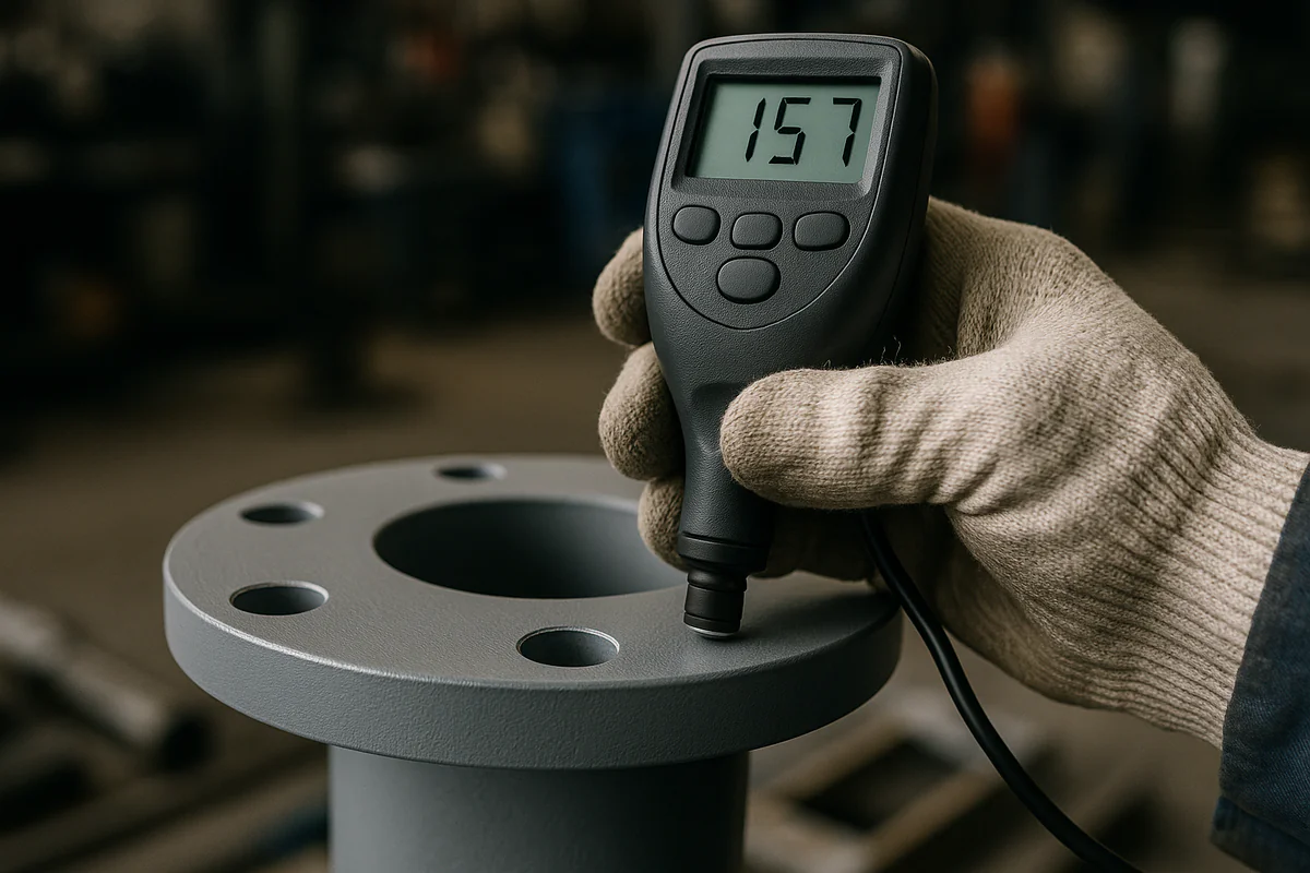 Coating inspector measuring paint thickness on steel