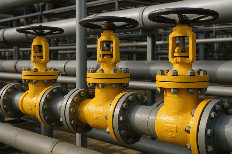 Coated industrial valves on refinery pipework