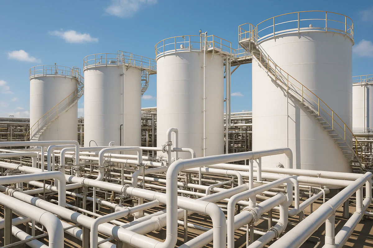 Coated storage tanks and pipework at a petrochemical site